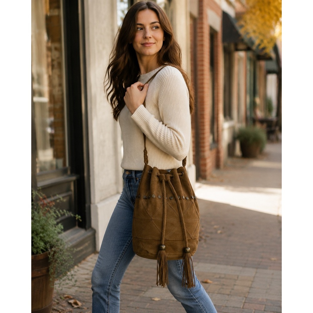 Crosstree Lane Brown Suede Leather Bucket Bag Tassel Studded Boho
